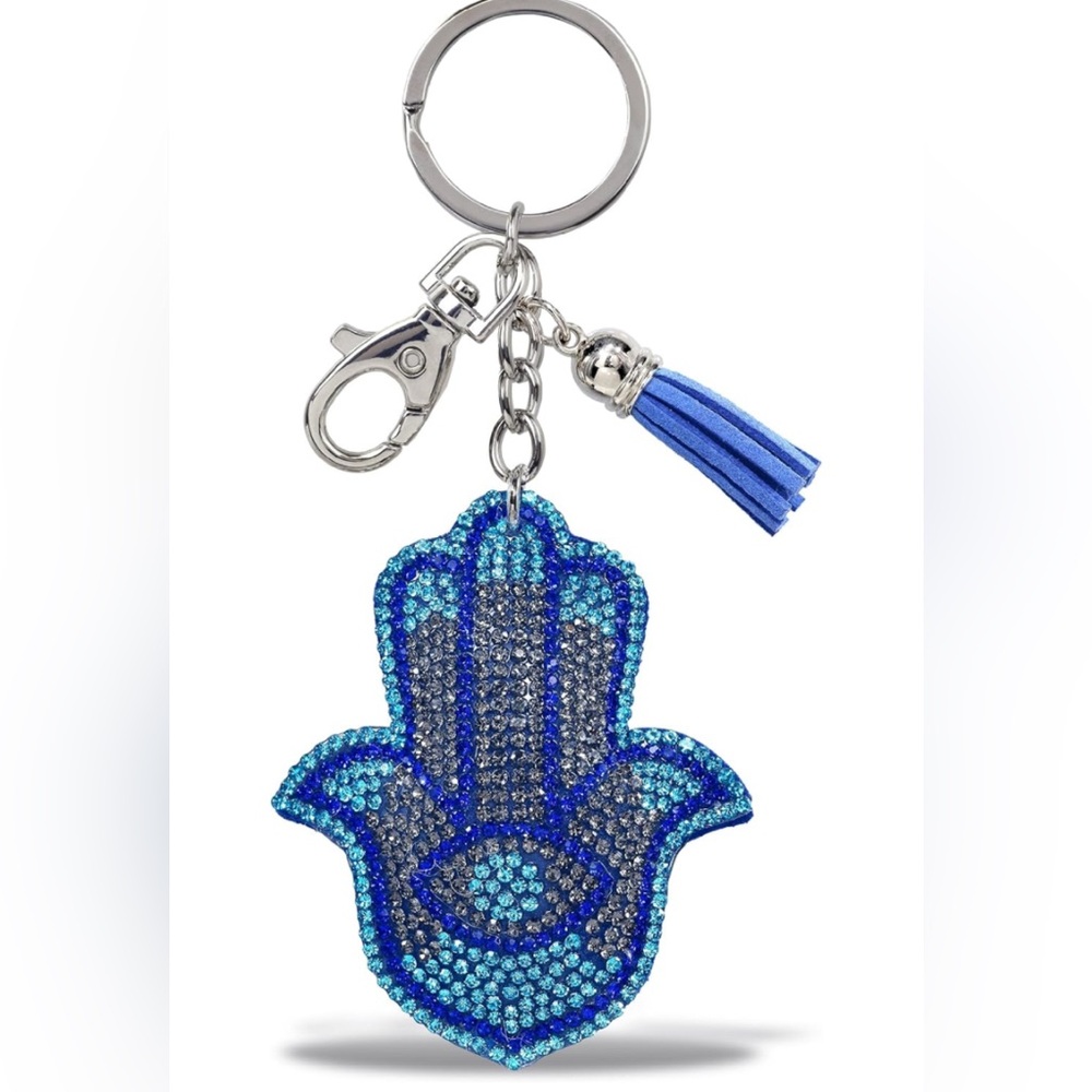 Blue Sparkling Hamsa Hand Keychain with Tassel